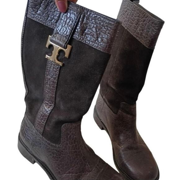 Tory Burch Shoes - Tory Burch "Corey" mid-calf boots brown suede and croc-embossed textured leather